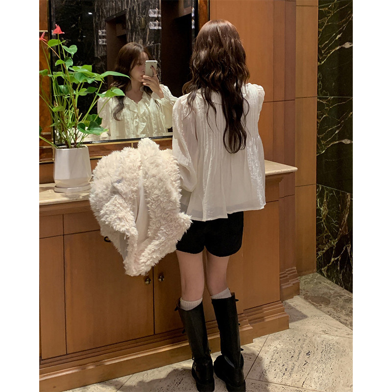 温柔风洋气甜美显瘦百搭长袖V领荷叶边绑带褶皱娃娃衫衬衫上衣女,淘宝优惠券,粉丝福利购,淘宝优惠卷