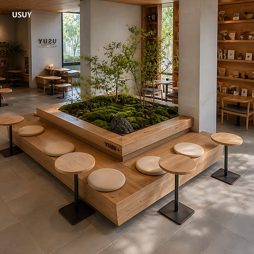 USUY侘寂风木质卡座商用咖啡现代简约厅书店一体式座椅定制卡椅 - 图2