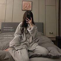 Coral Suede Pajamas Women Winter Ins Nets Red Sweetness Sweatshirt Lace Thickened Flannel Teen Home Suit Suit