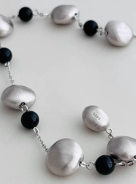 设计师高定款S925通体纯银拉丝镀白金黑玛瑙串珠手链小众银球手链