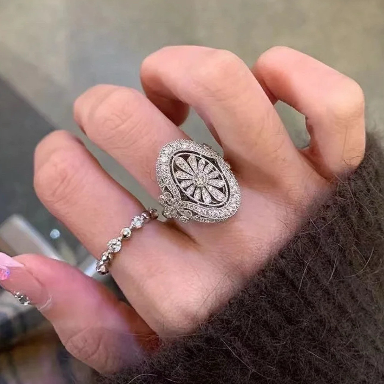 Korea Dongdaemun S925 all-over sterling silver fireworks luxury luxury fashionable party ring