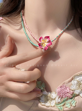 春日序曲~粉绿拼色鸡蛋花串珠项链女海边度假风锁骨链甜美ins配饰