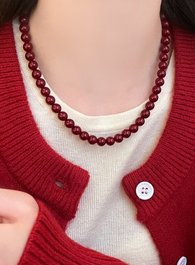 安可拉红色珍珠项链女款2025新款复古新年锁骨链轻奢高级感毛衣链