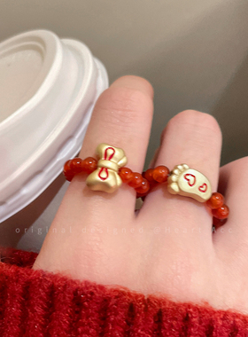 微镶红玛瑙串珠蛇形戒指女轻奢高级感新年指环2026新款喜庆食指戒