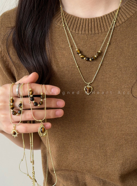 双层叠戴爱心虎眼石项链女秋冬美拉德长款毛衣链轻奢高级感配饰品