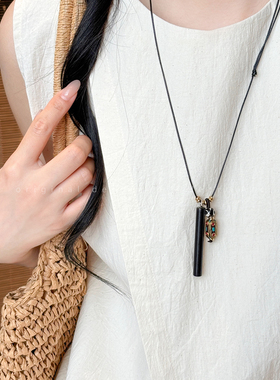 尼泊尔黑檀木棍牌吊坠项链女新中式民族风长款毛衣链独特复古配饰
