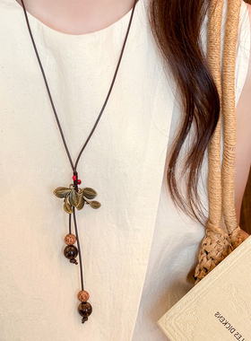 复古菩提圆形吊坠项链女简约民族风长款配饰小众高级感百搭毛衣链