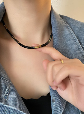 黑曜石项链天然石复古黑金美拉德