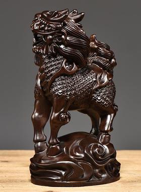 黑檀木雕刻麒麟摆件实木质一对家居客厅办公装饰品送礼红木工艺品