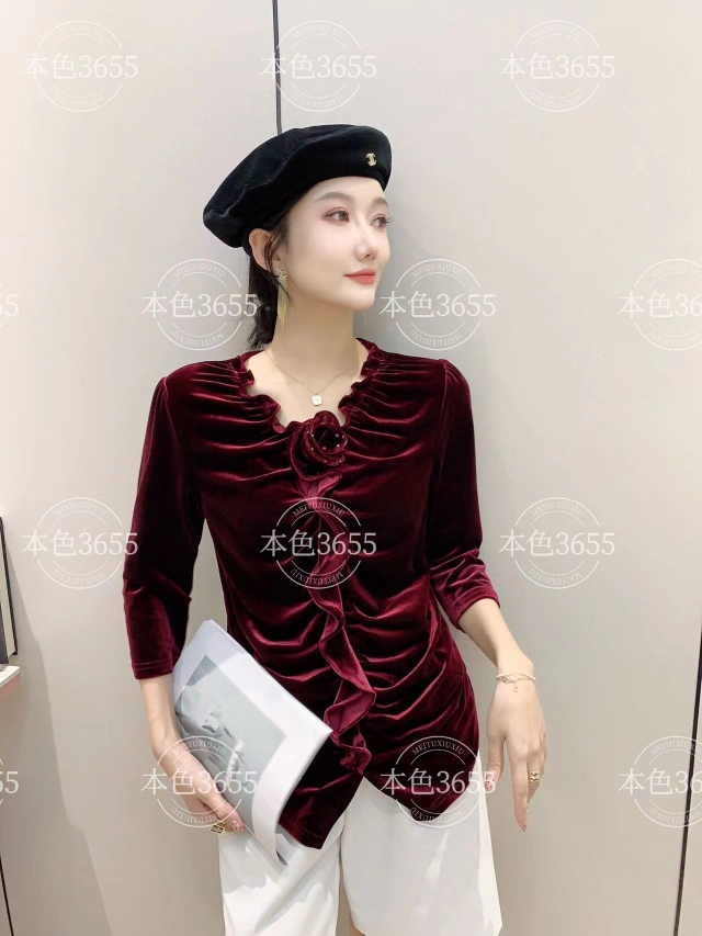 本色服饰3655秋冬季款轻奢金丝绒V领七分袖时尚百搭打底短女衫