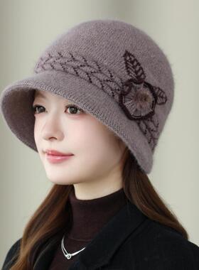 中老年妈妈兔毛针织盆帽秋冬季保暖渔夫帽花朵装饰百搭女士帽子