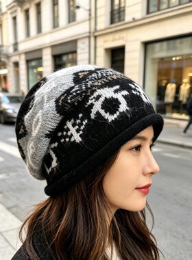 羊毛企鹅提花堆堆帽女秋冬双层加厚保暖显脸小韩系复古针织冷帽
