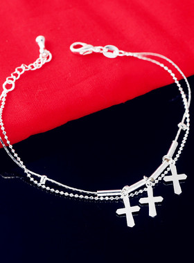 纯银复古十字架多层生日礼物手链
