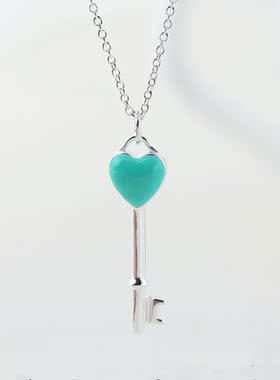 s925纯银项链女钥匙蓝色珐琅滴胶