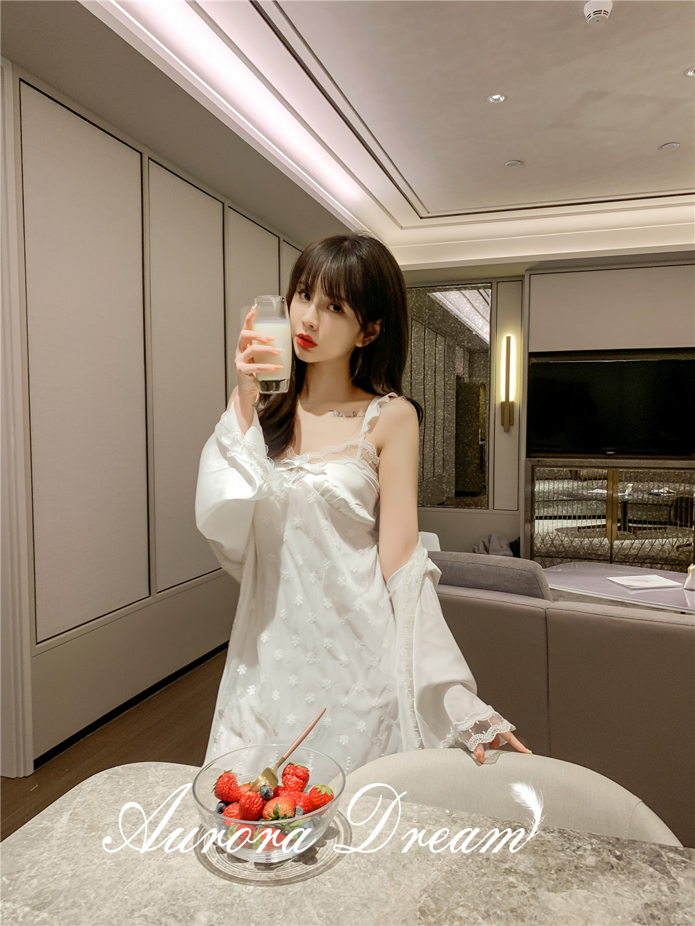 Aurora dream 欧若拉睡衣定制夏季睡衣女唯美韩版吊带睡裙睡袍带胸垫春夏蕾丝性感冰丝套装1