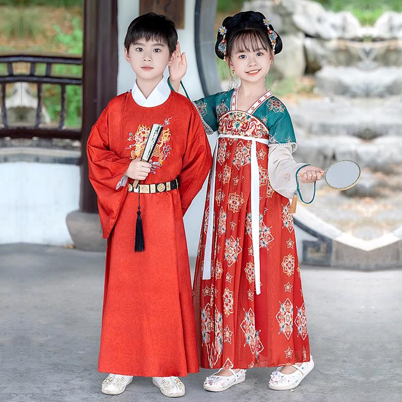 儿童古装宋制男女童学生古诗朗诵合唱服襦裙女孩超仙红色喜庆汉服