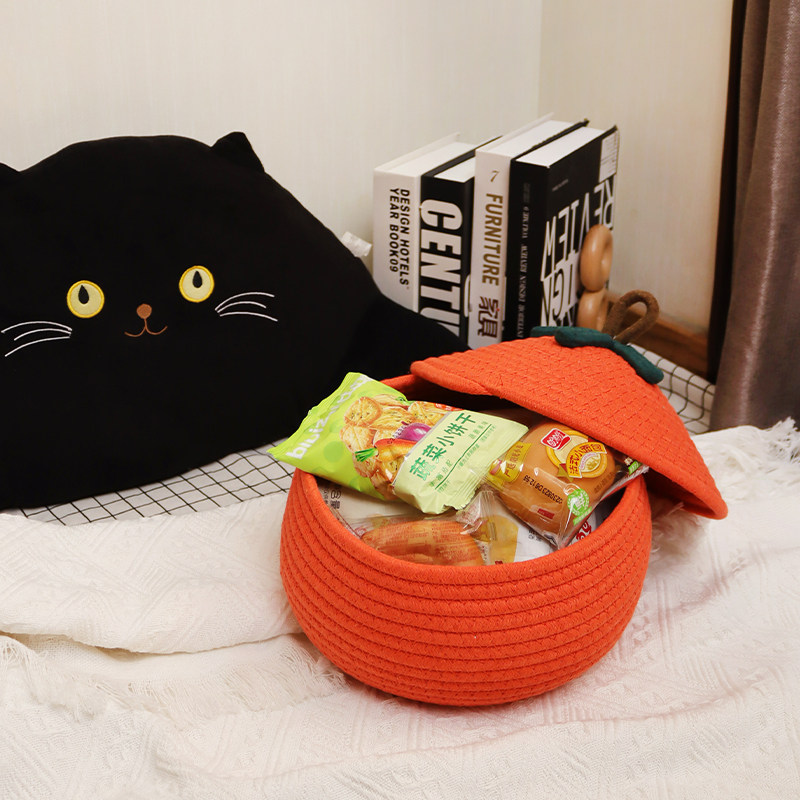 桌面棉线收纳筐化妆品玩具整理杂物零食储物盒床头带盖南瓜编织筐,淘宝优惠券,粉丝福利购,淘宝优惠卷