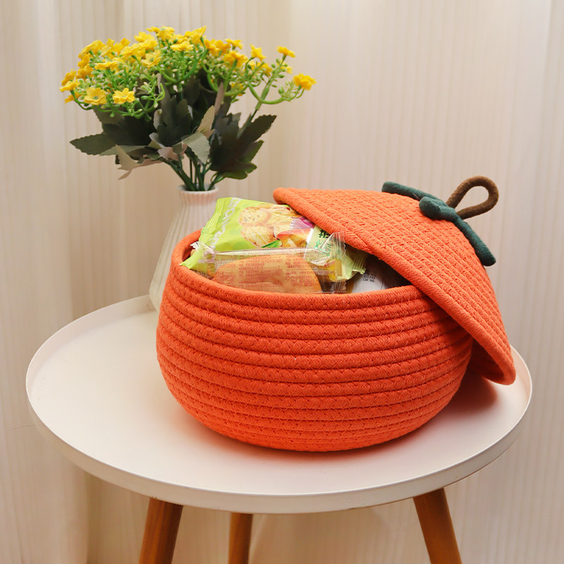 桌面棉线收纳筐化妆品玩具整理杂物零食储物盒床头带盖南瓜编织筐,淘宝优惠券,粉丝福利购,淘宝优惠卷