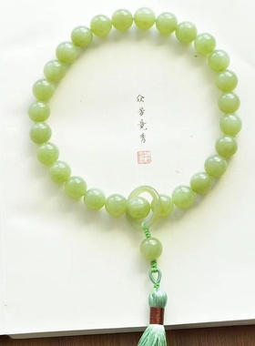 爆款天然晴水和田玉12mm静心手持古风手串配汉服手链
