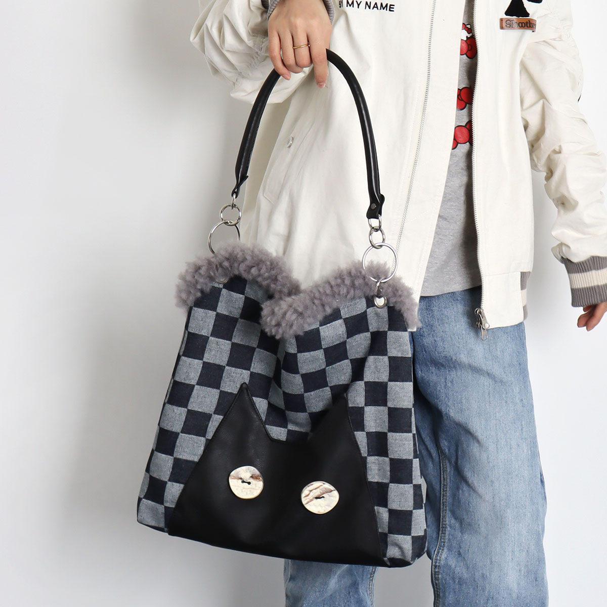 苏小塔原创 猫咪格子托特包包女可爱百搭小众大容量毛绒边单肩包,淘宝优惠券,粉丝福利购,淘宝优惠卷