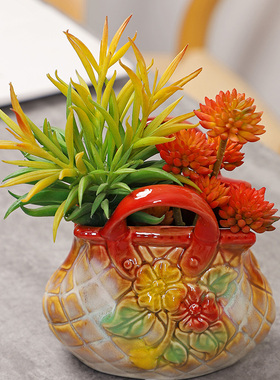 创意高温陶瓷手提包兔子花朵摆件花瓶花插可水培客厅摆件玄关收纳