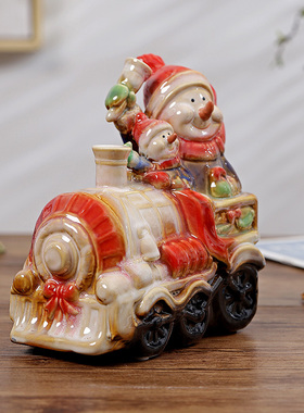 新款高档陶瓷雪人火车创意圣诞节