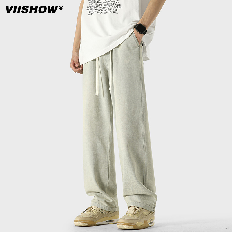VIISHOW抽绳牛仔裤男生夏季潮牌宽松美式复古休闲裤垂感直筒裤子-图2