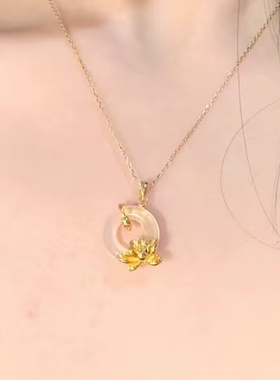 仿白玉平安扣项链女金荷花锁骨链