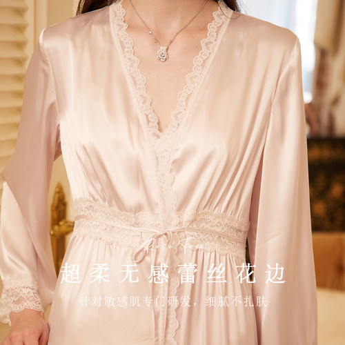 RoseTree新娘晨袍女春秋长袖法式性感睡裙睡袍套装冰丝睡衣带胸垫 - 图1