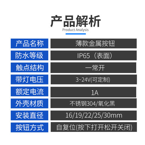 薄款金属按钮自复位圆形防水电源按钮开关点动LED带灯16/19/22MM - 图0