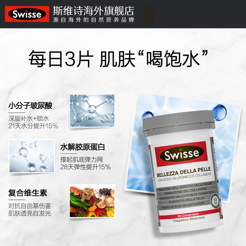 swisse斯维诗海外旗舰店热巴同款Swisses斯维诗水光片口服玻尿酸胶原蛋白维生素90片 临期2
