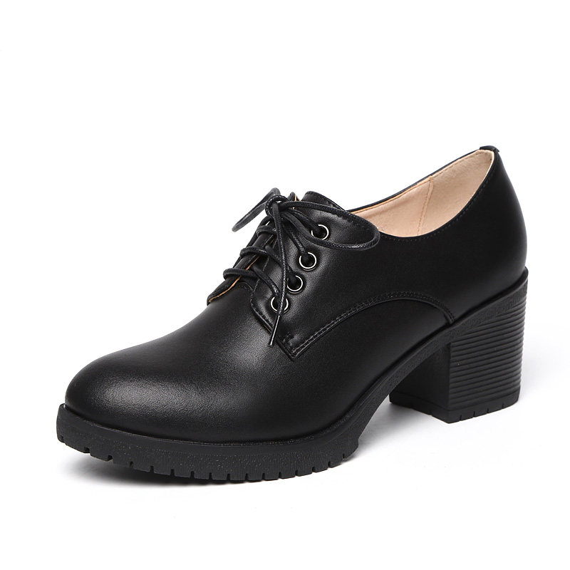 蜀姬百丽2025春秋季新款真皮女鞋高跟粗跟圆头深口系带休闲女单鞋,淘宝优惠券,粉丝福利购,淘宝优惠卷