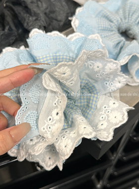 韩系新款蓝色格子双层蕾丝发圈