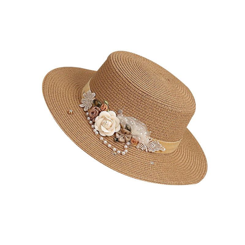 法式平顶草帽女夏季花朵珍珠草编遮阳帽子沙滩度假海边防晒太阳帽