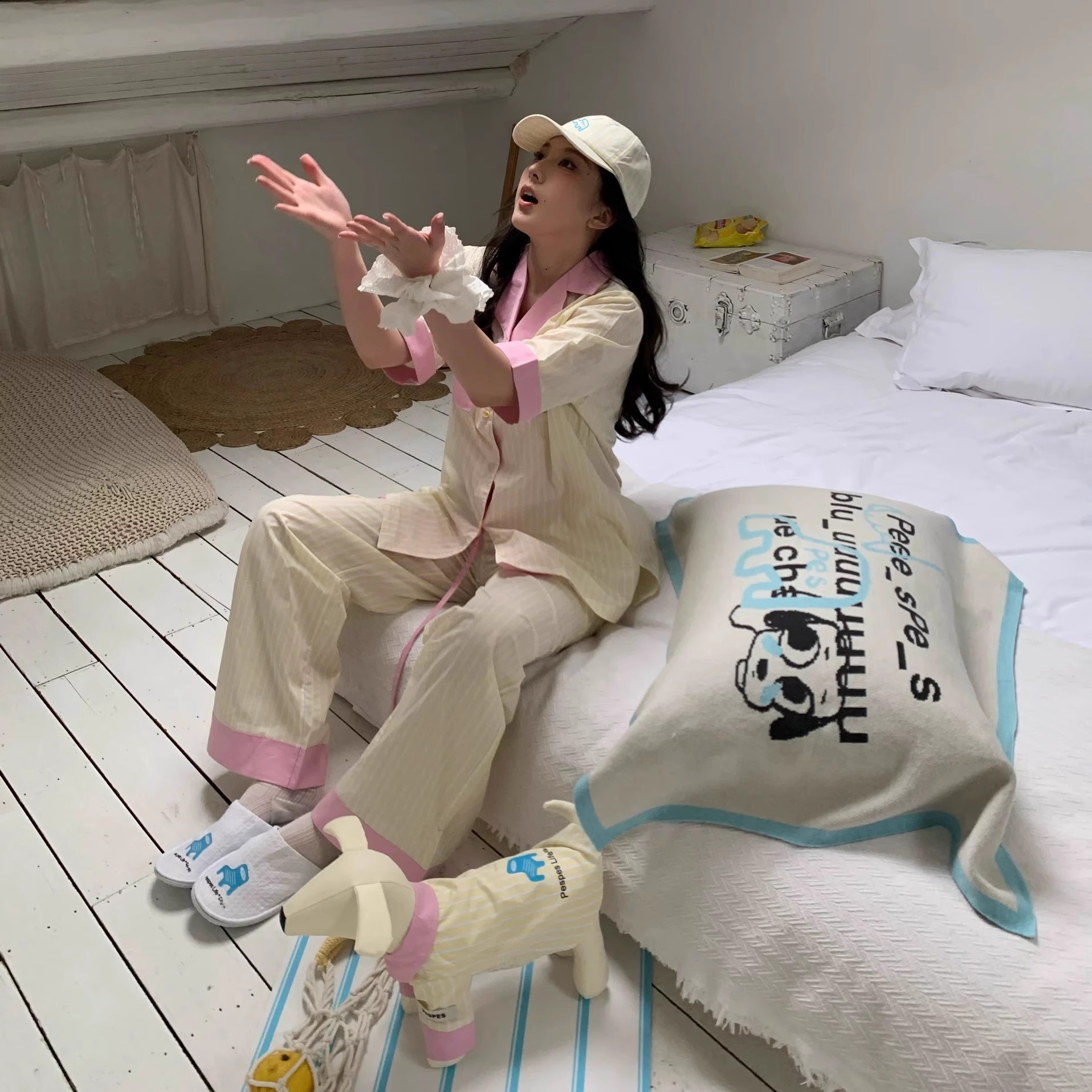 Pespes人宠系列睡衣蓝椅子印花条纹衬衫家居服睡衣套装成人款 - 图2