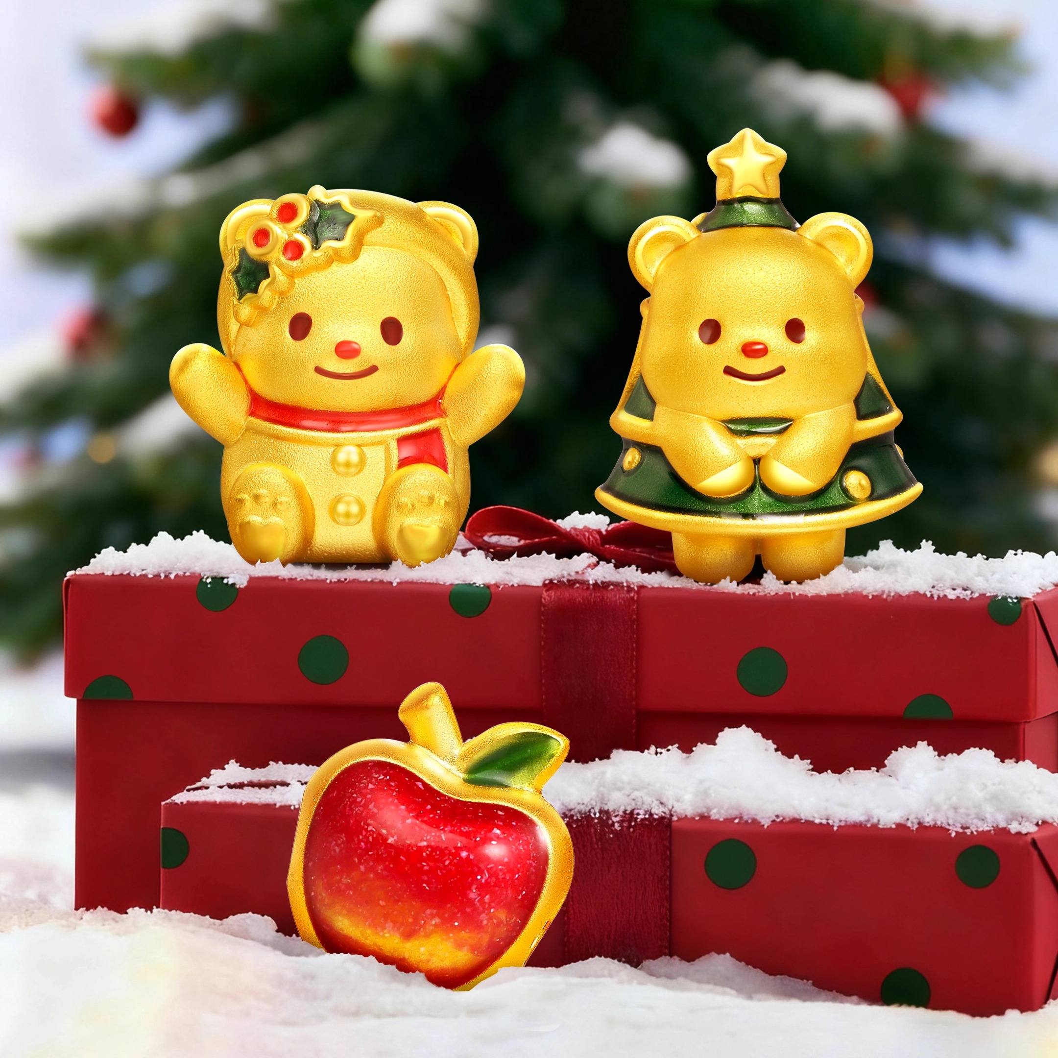 潮宏基国色黄金串珠足金转运珠吊坠硬金鎏彩苹果桃子圣诞礼物女 - 图0