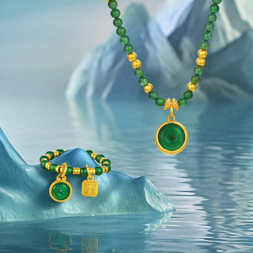 潮宏基国翠黄金翡翠项链足金套链颈饰古法金鎏彩平安扣生日 卟 - 图2