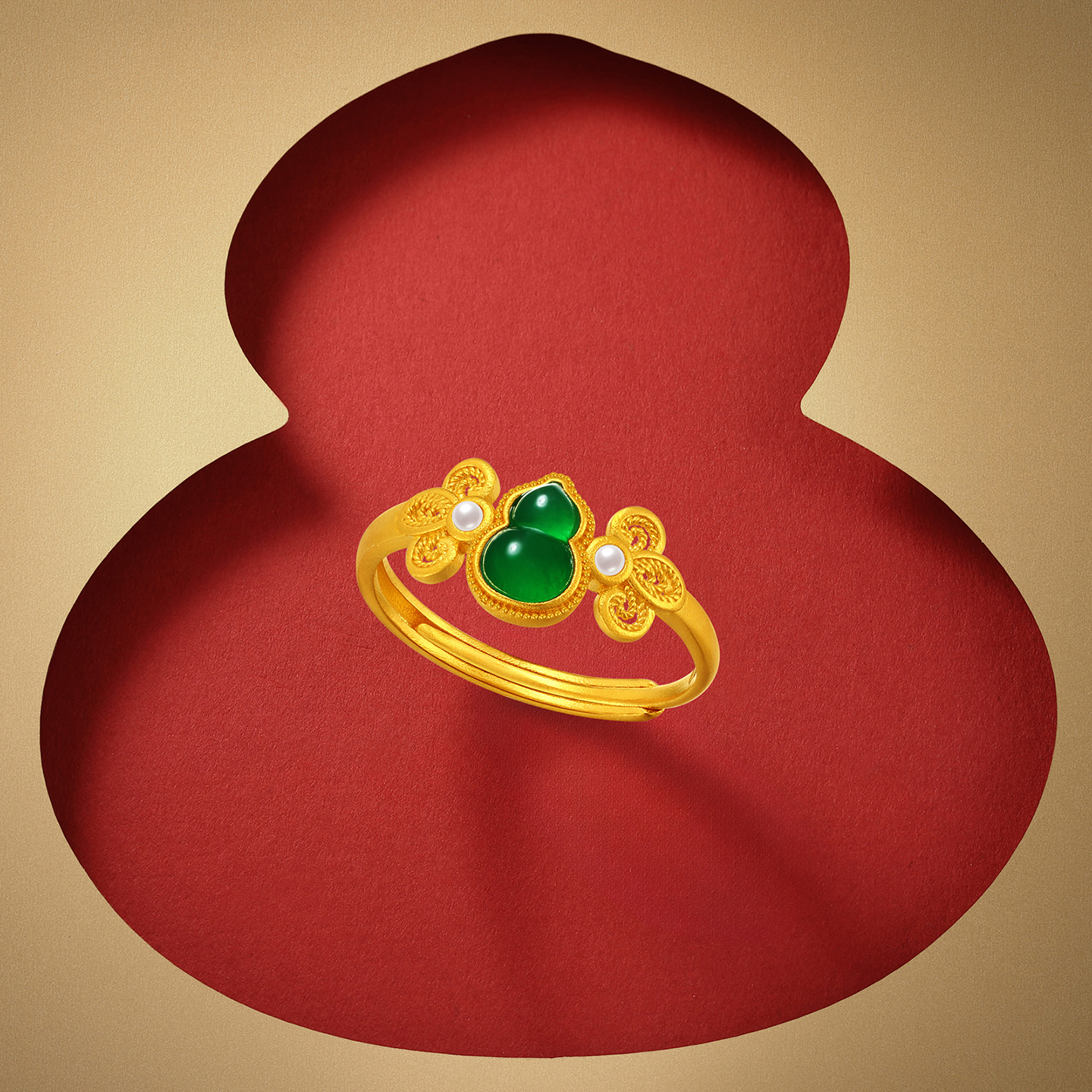 潮宏基足金珍珠戒指古法黄金鎏彩戒圈指环手饰礼物葫芦新中式计价 - 图2