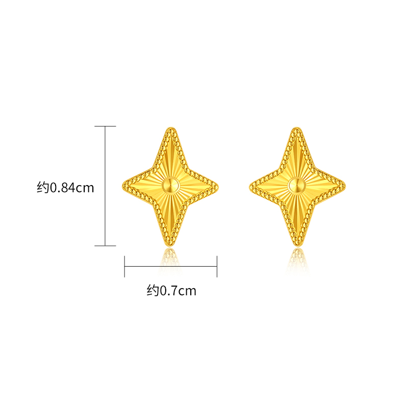 潮宏基高光金黄金耳钉5G金足金耳饰星星镜面金礼物女计价-图0
