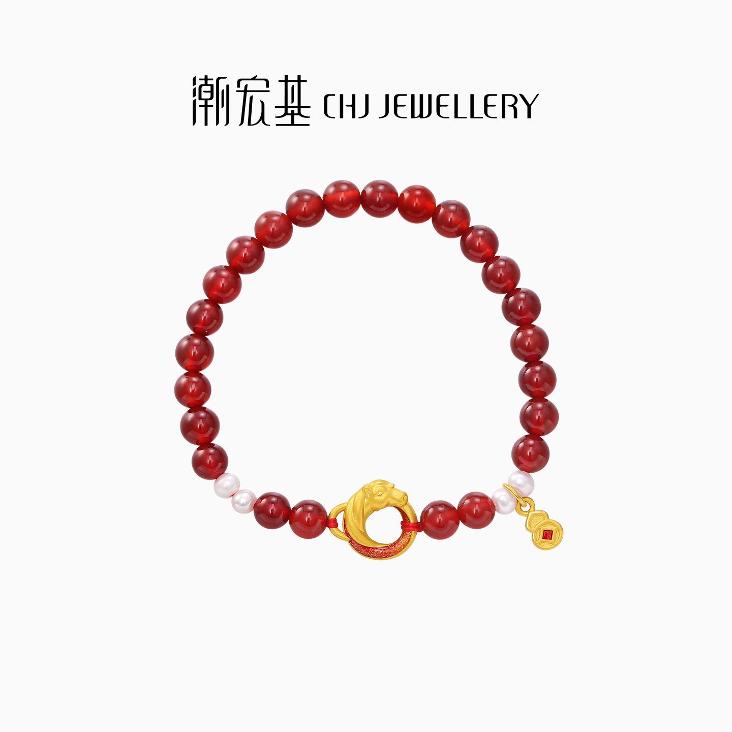 潮宏基五福马黄金珍珠玛瑙手链足金手串手绳硬金平安扣骐骥红绳,淘宝优惠券,粉丝福利购,淘宝优惠卷