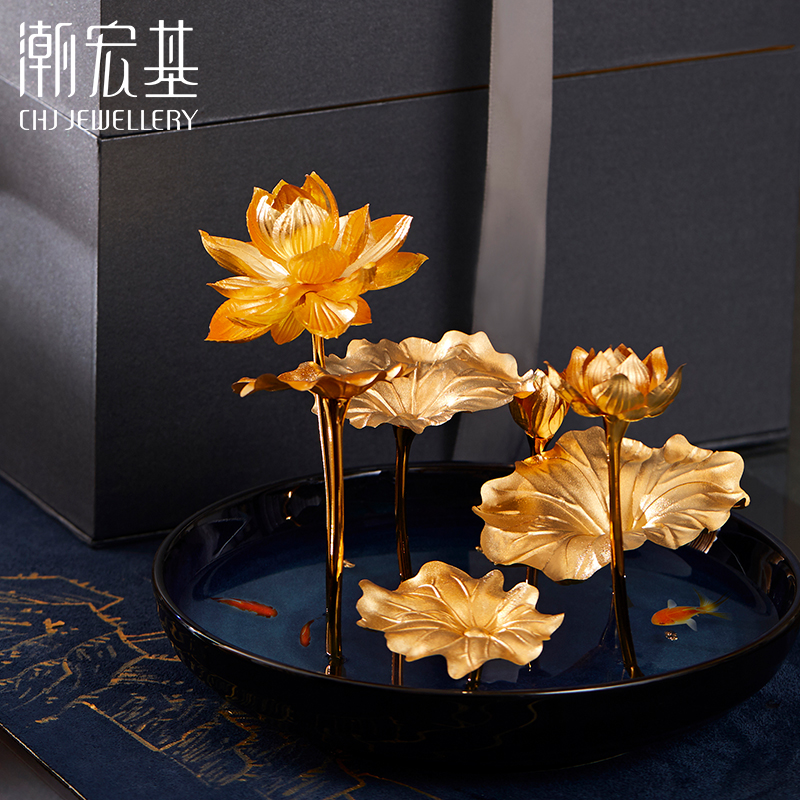 潮宏基蓝莲盆栽金箔摆件莲花莲叶精美优雅礼物礼品LX6