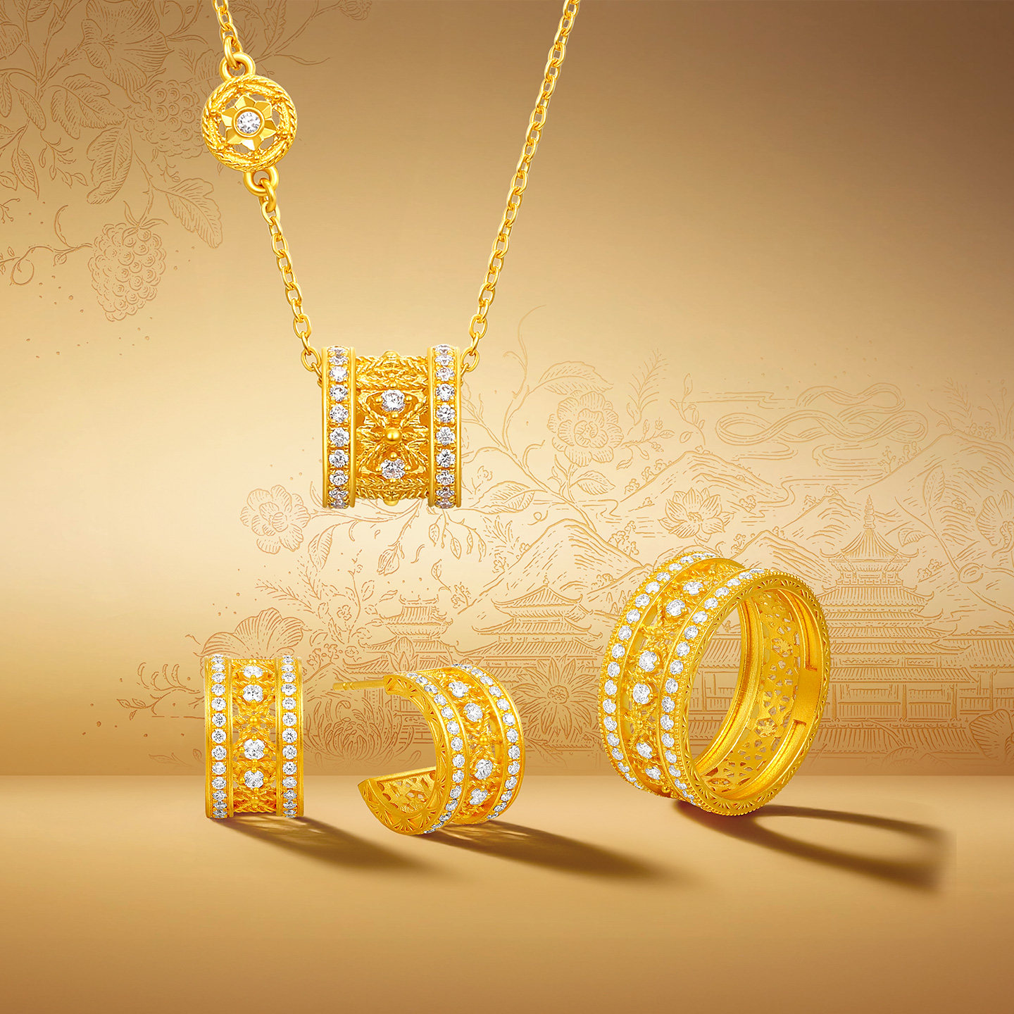 潮宏基非遗花丝风雨桥黄金钻石耳钉足金耳饰5G金高级感轻奢礼物,淘宝优惠券,粉丝福利购,淘宝优惠卷