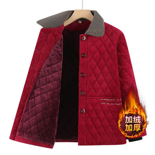 中老年人灯芯绒棉衣加绒加厚胖妈妈冬装加肥加大码女装老太太棉袄 - 图0