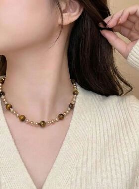 秋冬美拉德虎眼石珍珠串珠项链女轻奢小众设计感叠戴毛衣链配饰品