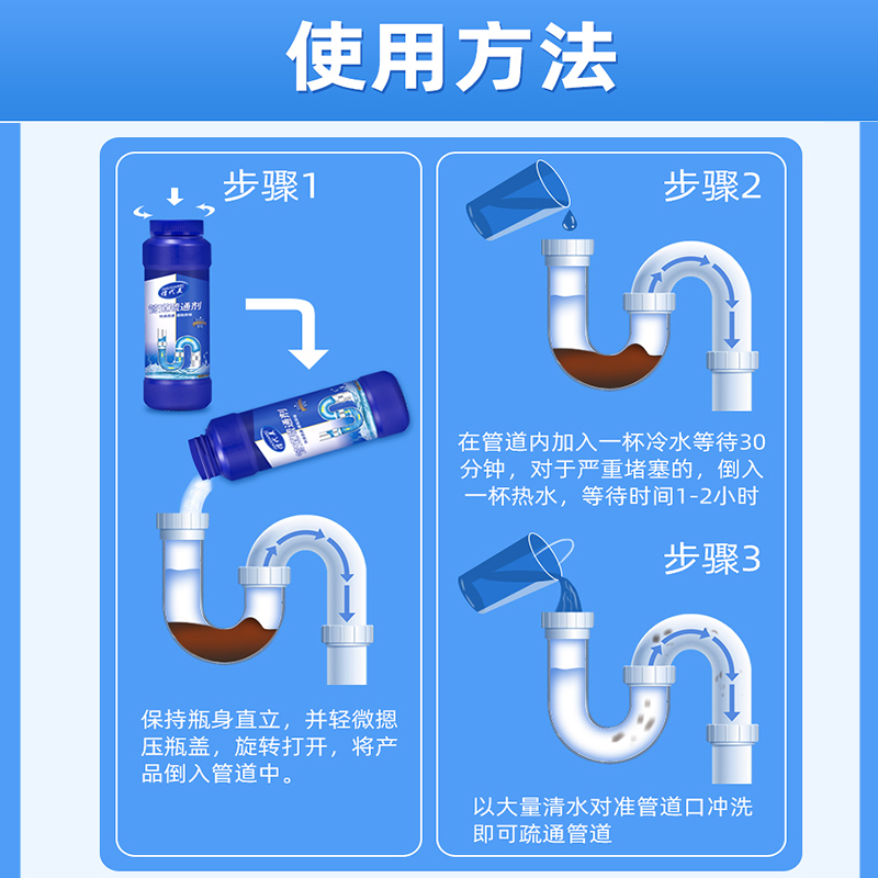 俏代美管道疏通剂下水道油污强力疏通马桶地漏厨房堵塞溶解神器