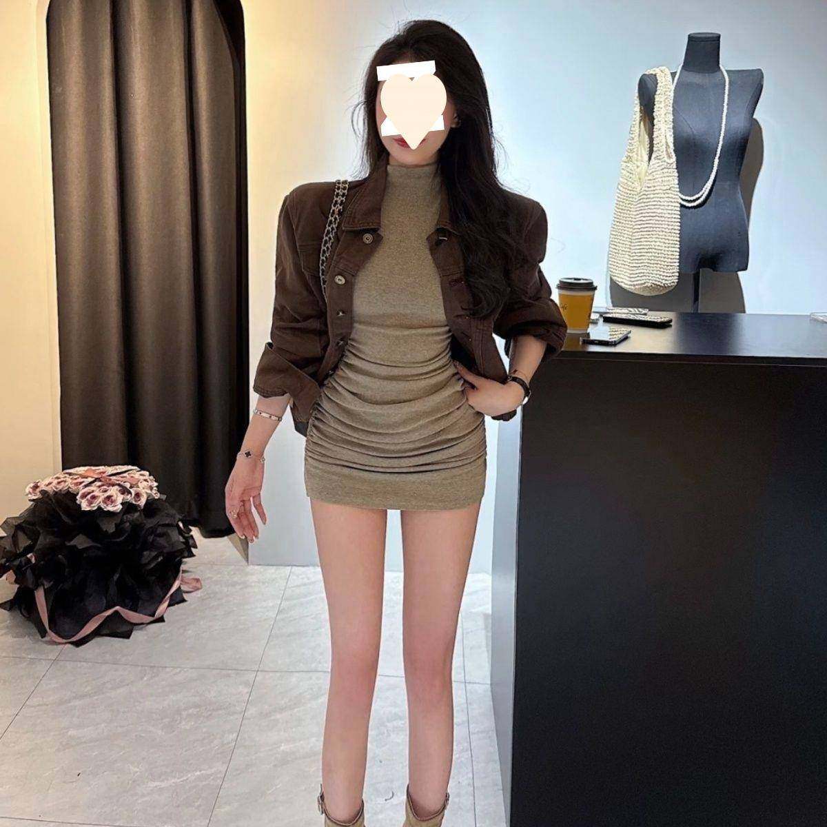 2025秋季新款美式复古短款牛仔外套+高领褶皱包臀连衣裙两件套女,淘宝优惠券,粉丝福利购,淘宝优惠卷