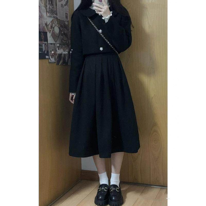 秋冬套装复古小香风毛呢短外套高腰显瘦百褶半身长裙套装两件套女,淘宝优惠券,粉丝福利购,淘宝优惠卷