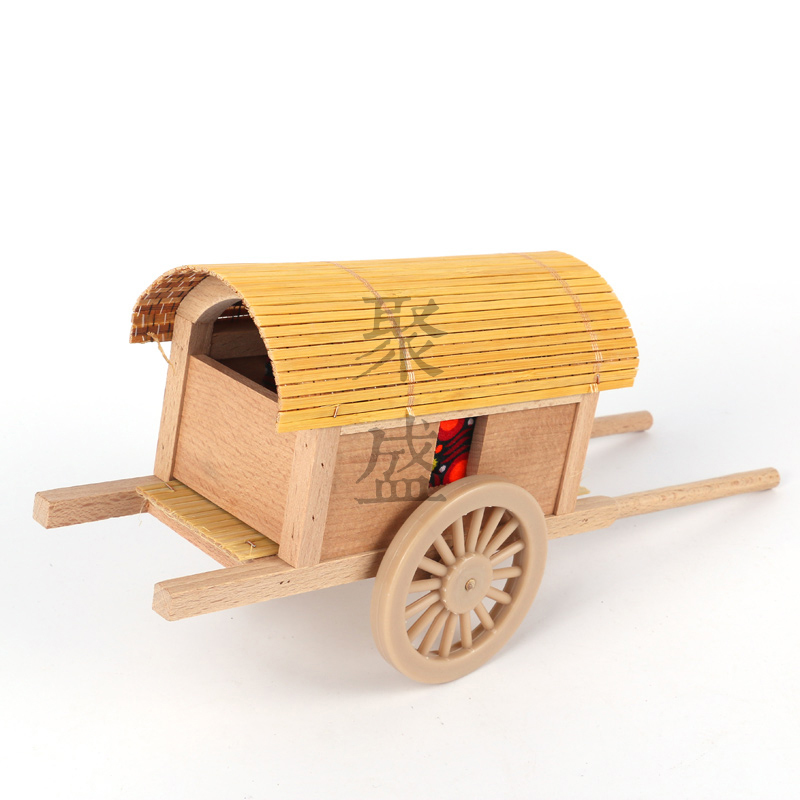 马拉带篷长棚车家庭装饰品木制微型仿古代马车模型家具摆件