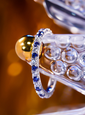 纯银粉钻戒指蓝白钻戒