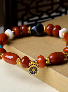 原创设计南红玛瑙搭配文玩龟甲天珠手串鹿角菱镁矿松石转运珠手链